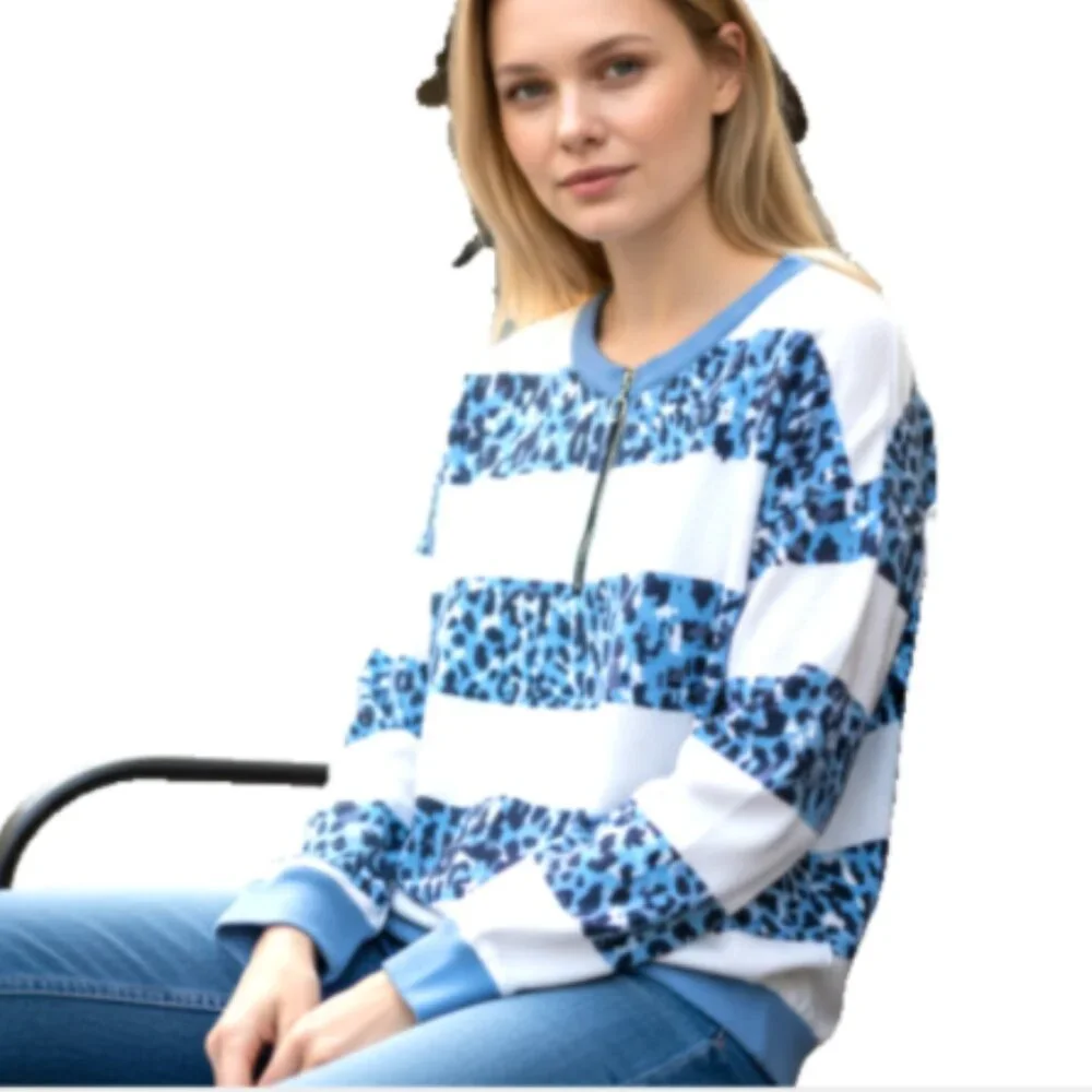 Long Sleeve T-shirt  Sz L  NEW Crew Neck Casual Blouse 1/4 zip blue/white Women - Picture 4 of 13